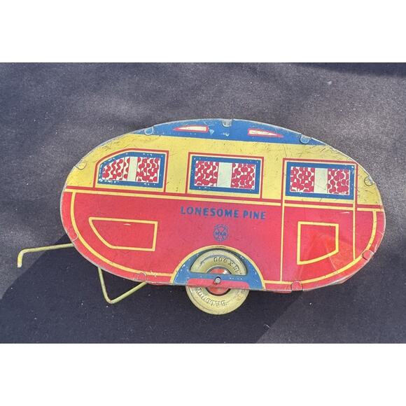 1940's MARX LONESOME PINE TRAVEL TRAILER CAMPER VINTAGE TIN TOY PULL BEHIND Nice